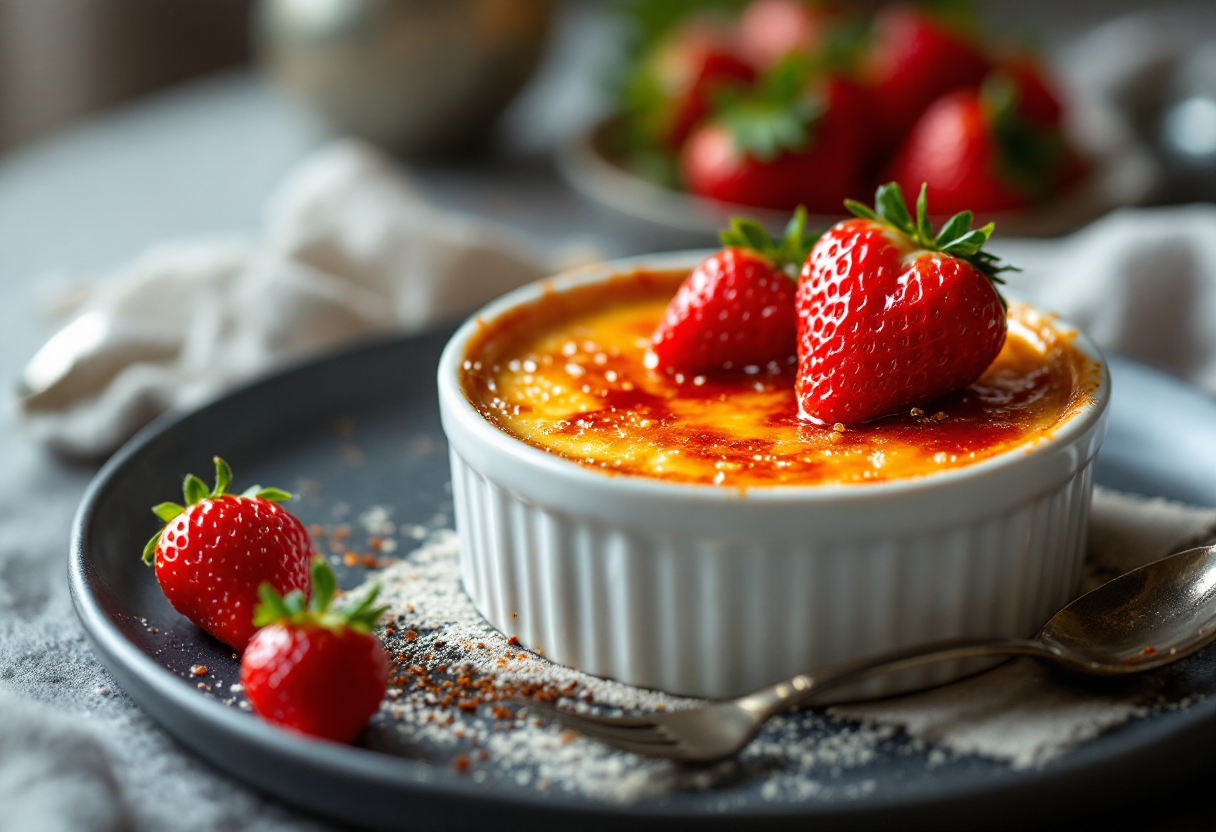 Deliziosa crème brûlée decorata con fragole fresche