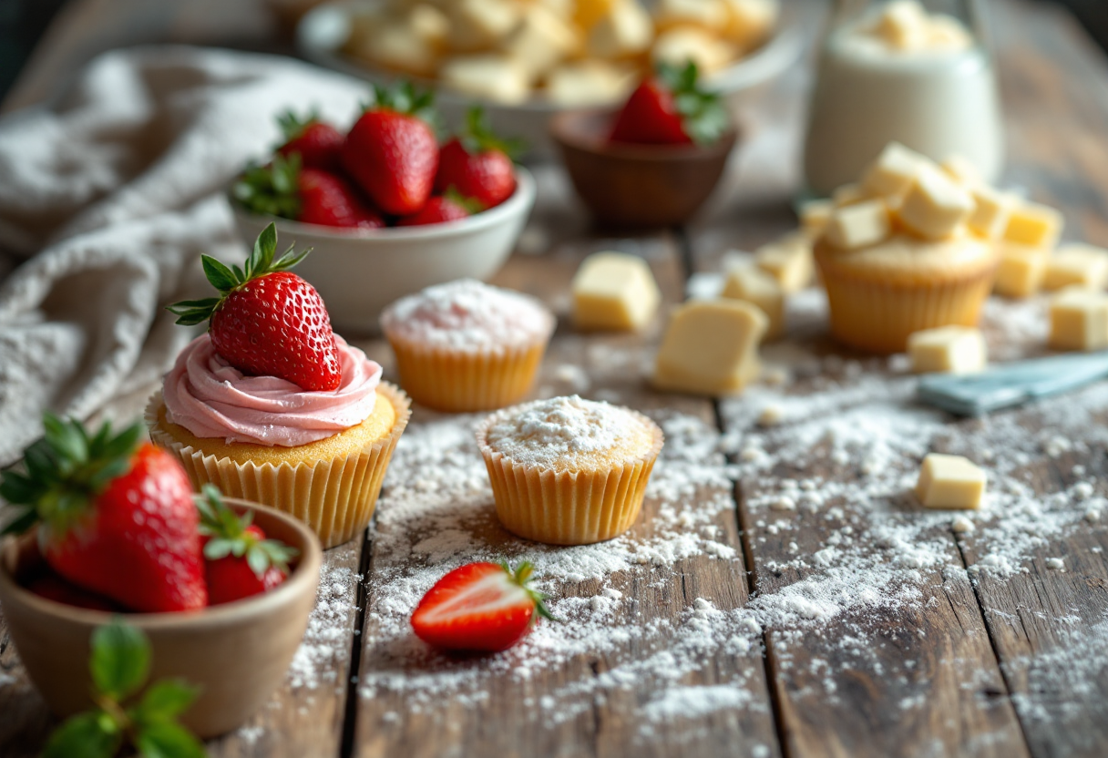 Deliziosi cupcake con fragole fresche e cioccolato