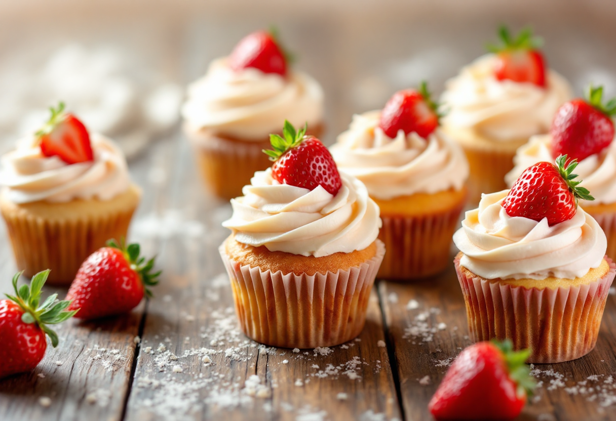 Deliziosi cupcake decorati con fragole fresche