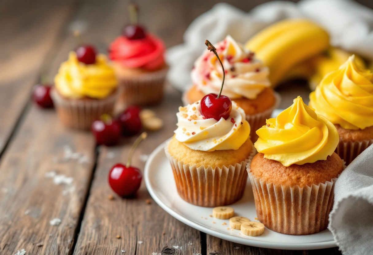 Cupcake decorati con banana e ciliegia fresche