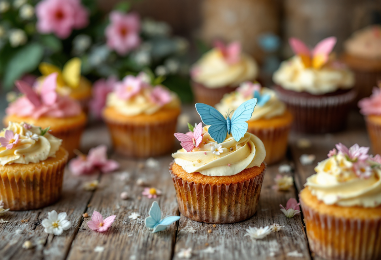 Deliziosi cupcake primaverili decorati con farfalle colorate