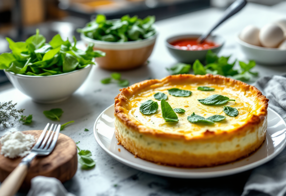 Flan di spinaci servito con burro alle erbette e salsa di pomodoro