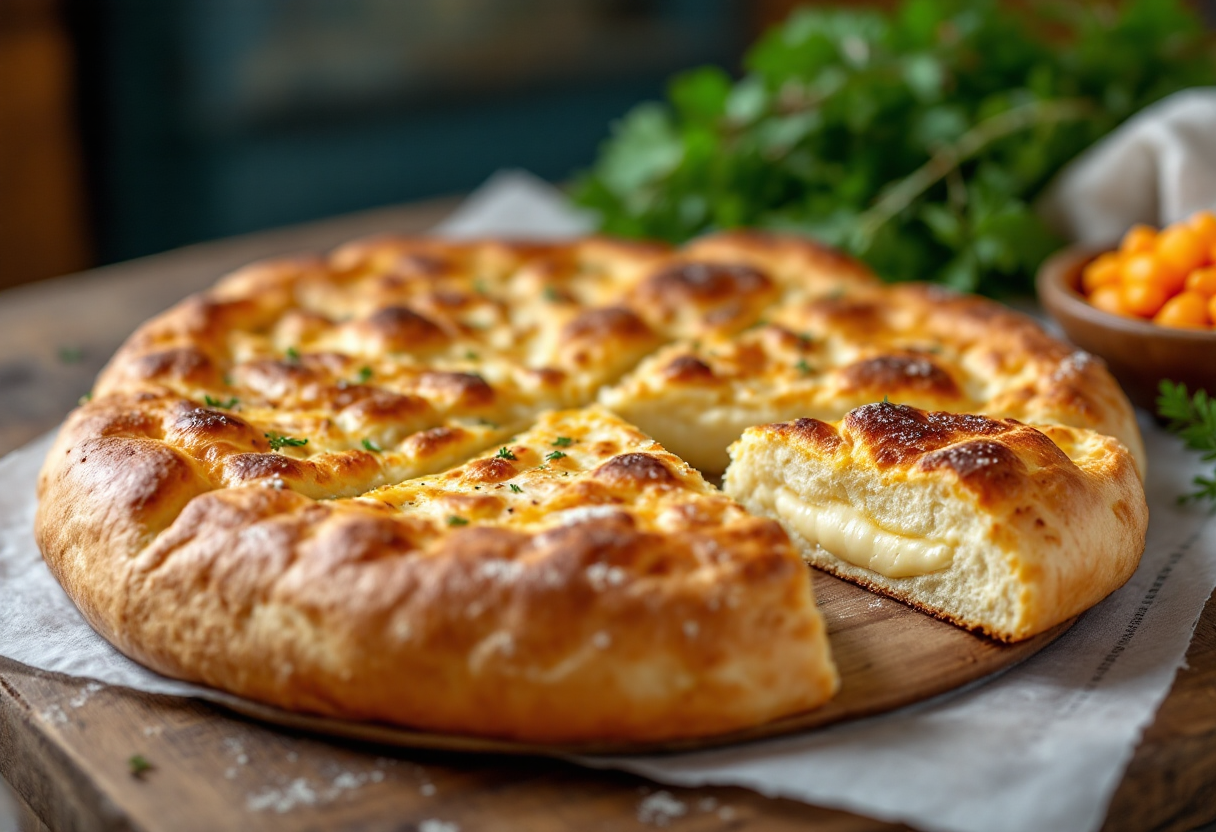 Focaccia di Recco con formaggio filante e croccante