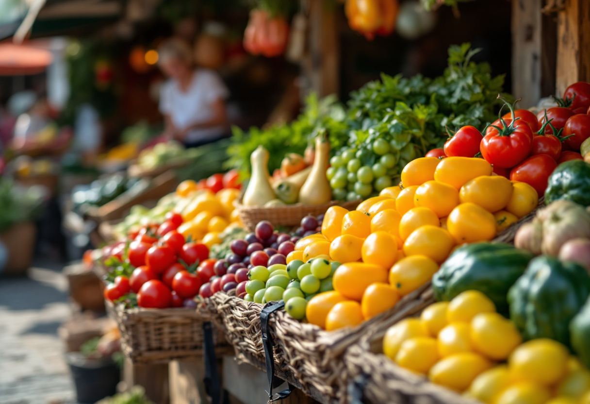 Selezione di frutta e verdura fresche di maggio