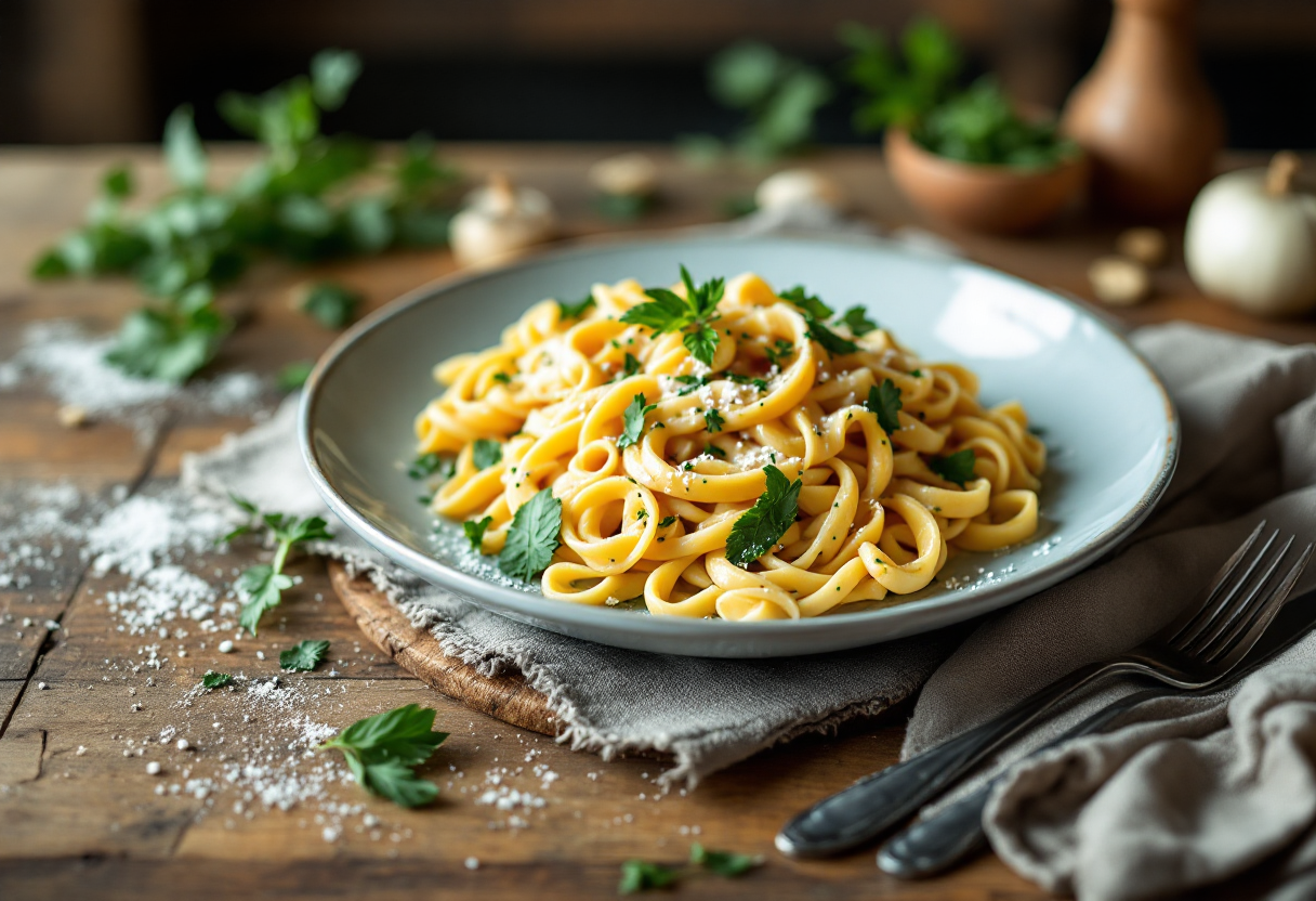 Fusilli alla carbonara vegetariana con ingredienti freschi