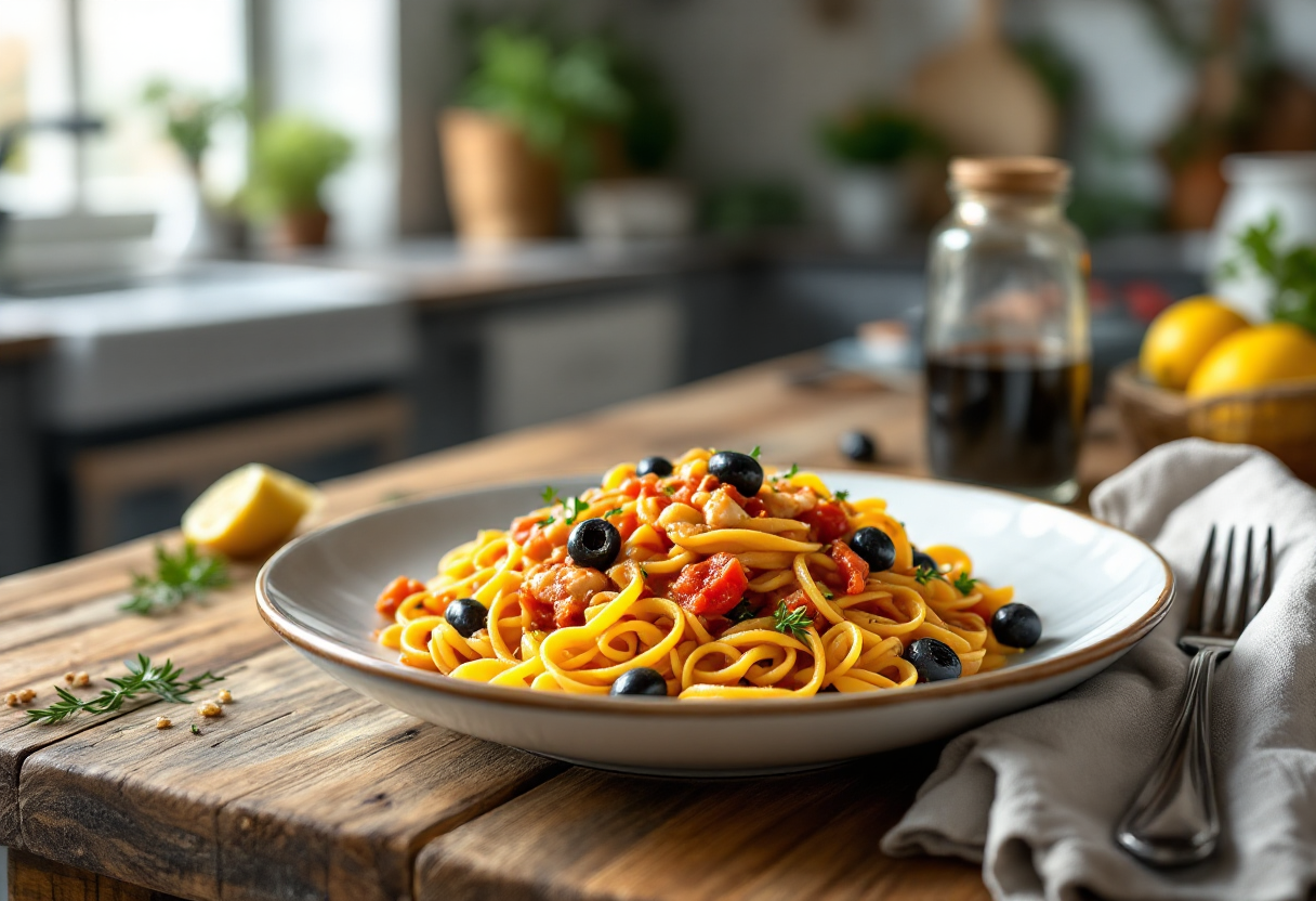 Piatto di fusilli con ragù di pesce spada e olive nere