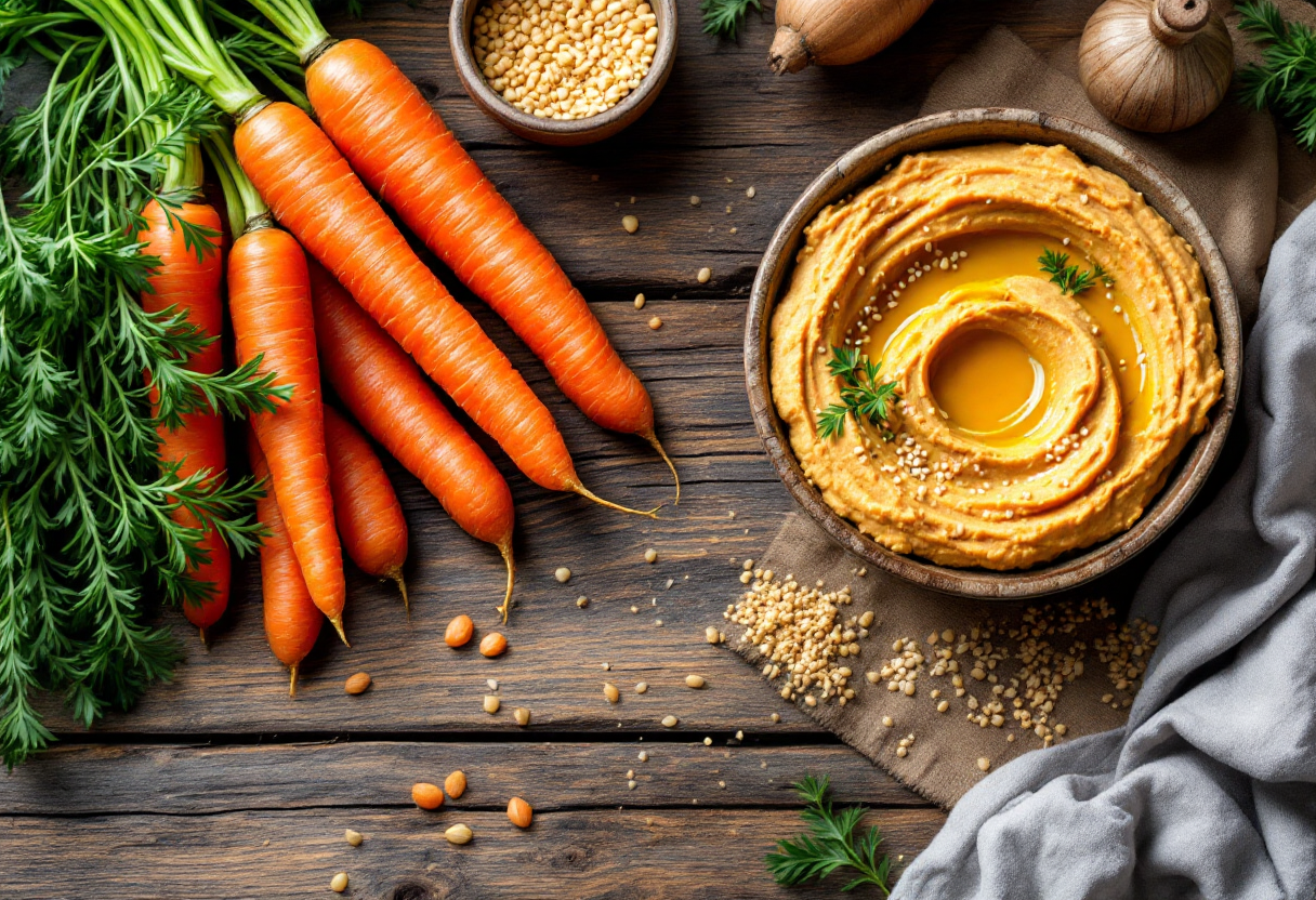 Hummus di carote servito in una ciotola con verdure fresche