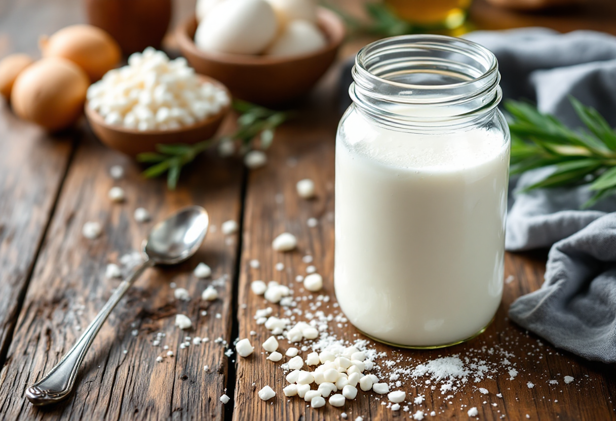 Un bicchiere di kefir fresco con grani di kefir