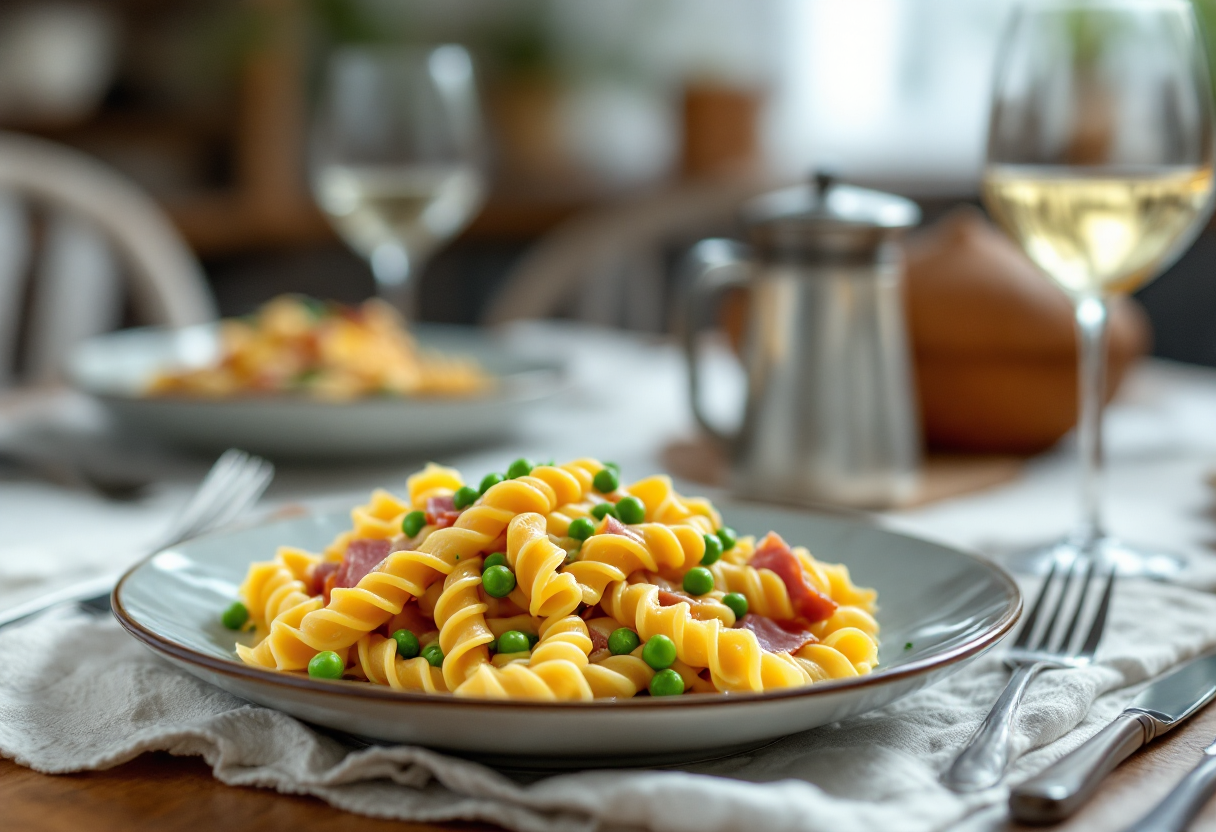 Deliziose lasagne ricce con piselli e prosciutto