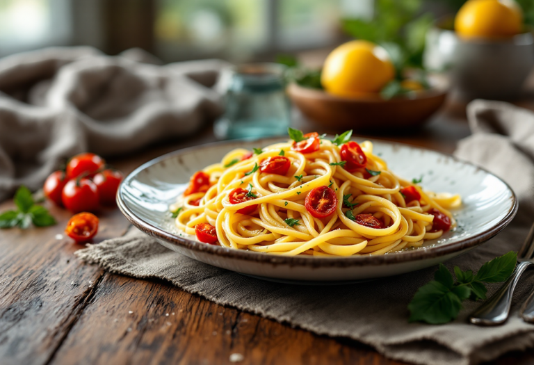 Piatto di linguine al limone con pomodori secchi freschi