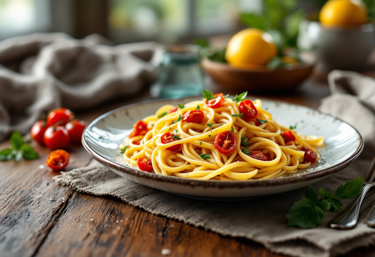Piatto di linguine al limone con pomodori secchi freschi