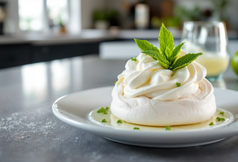 Mini pavlove decorate con crema al gin tonic e frutta