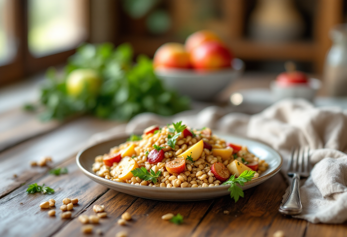 Piatto di orzo con mele e verdure fresche