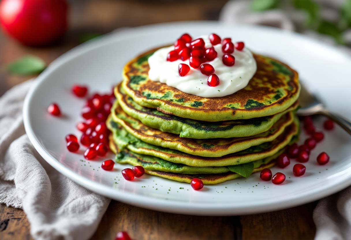 Pancake verdi agli spinaci serviti con salsa