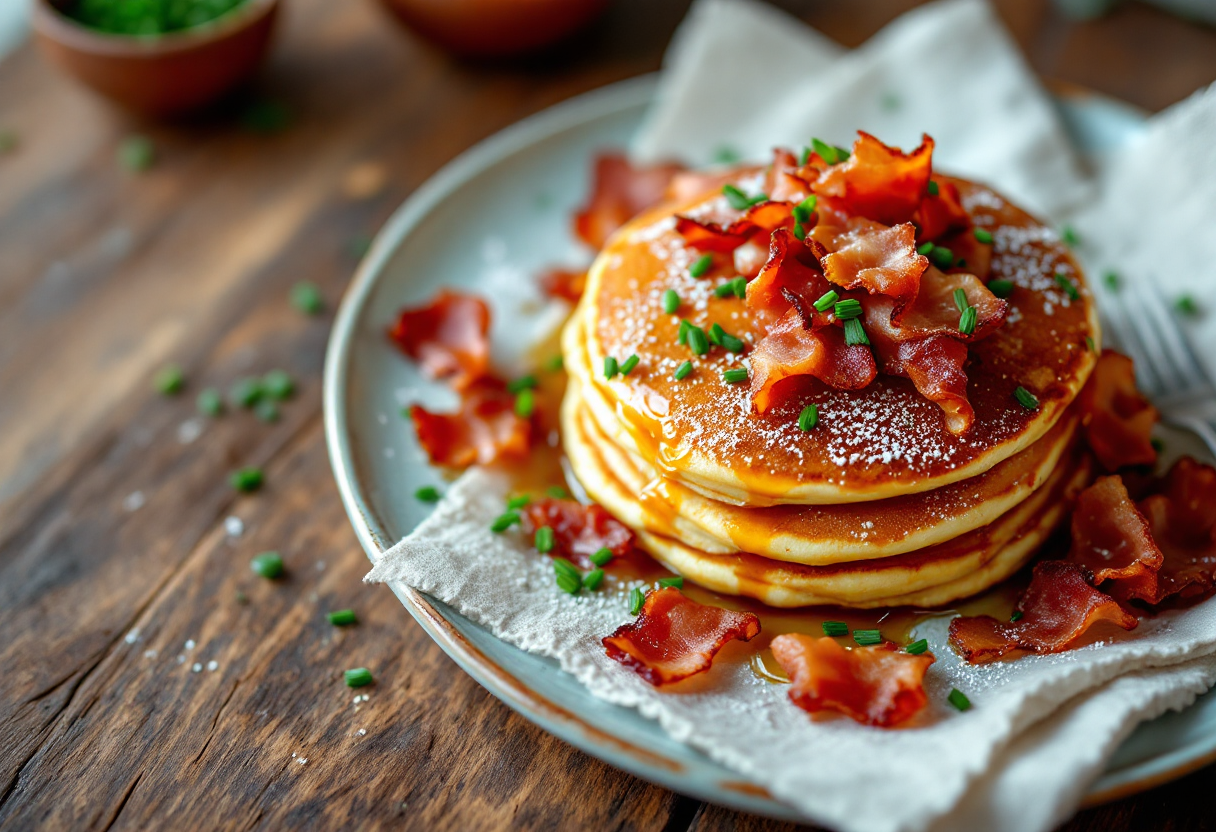 Pancake salati con pancetta ed erba cipollina in un piatto