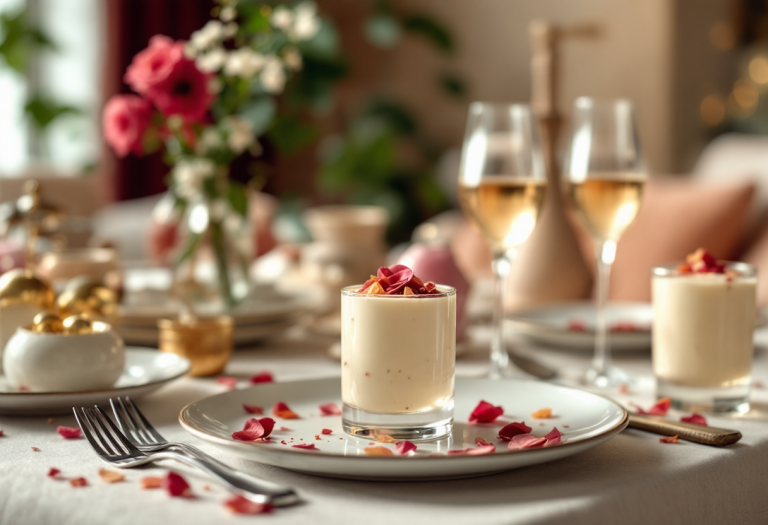 Panna cotta decorata con petali di rosa