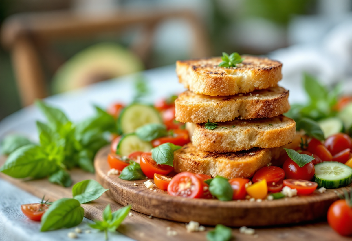 Piatto di panzanella croccante con verdure fresche