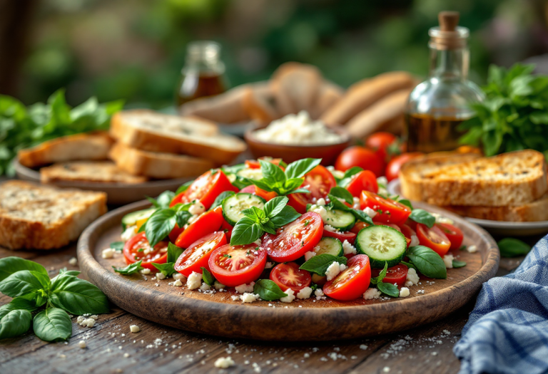 Piatto di panzanella con pomodori e basilico fresco