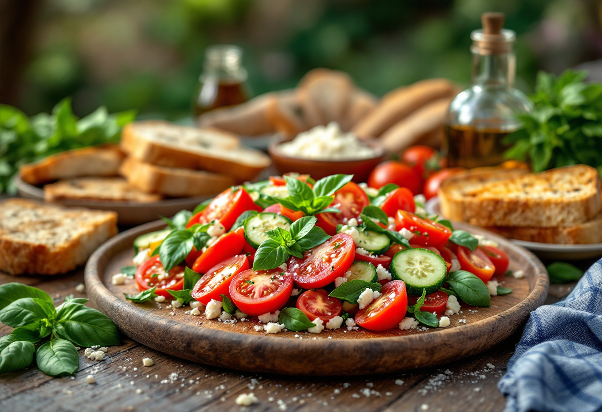 Piatto di panzanella con pomodori e basilico fresco