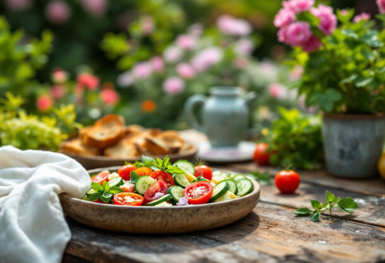 Piatto di panzanella primaverile con verdure fresche