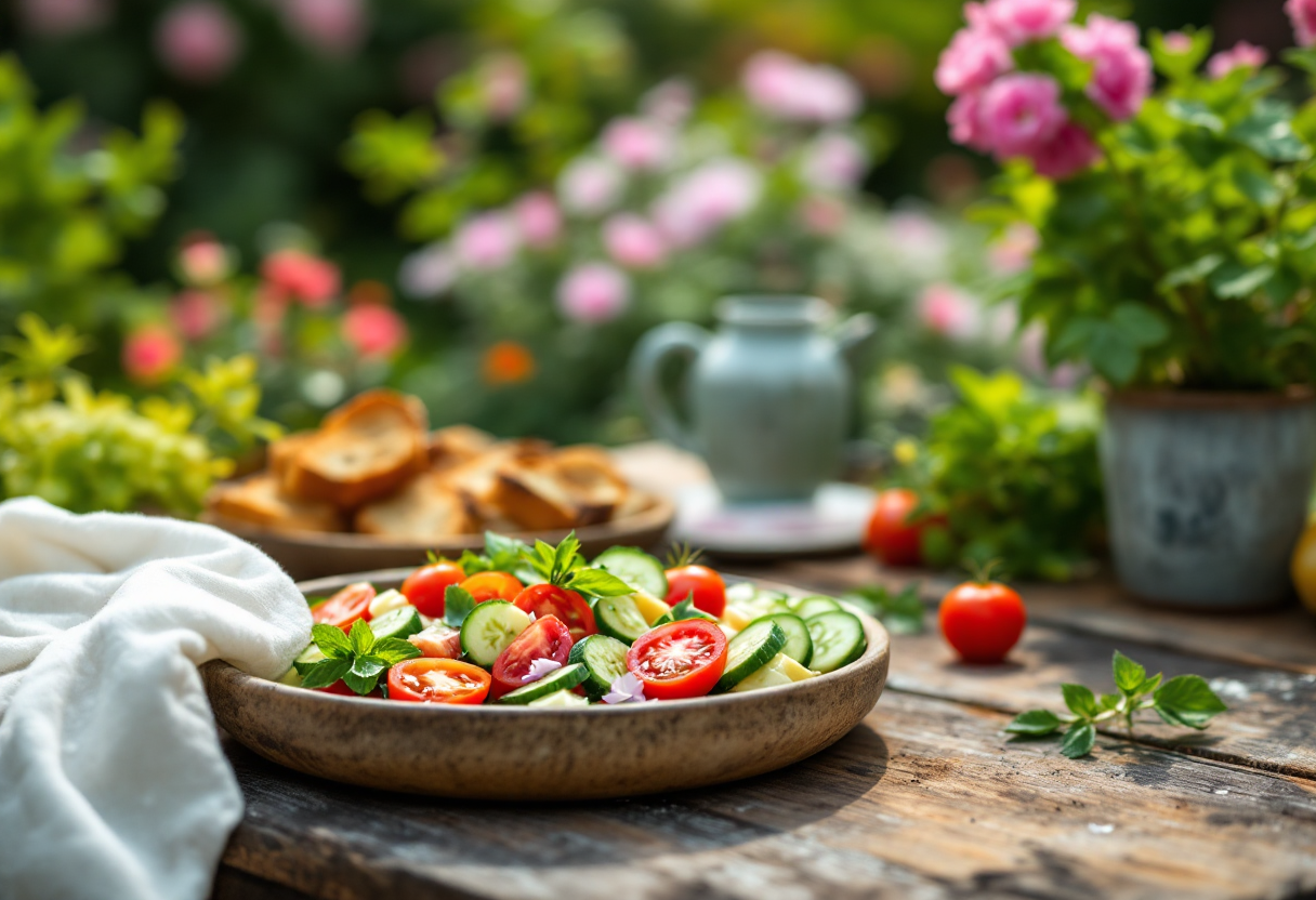 Piatto di panzanella primaverile con verdure fresche