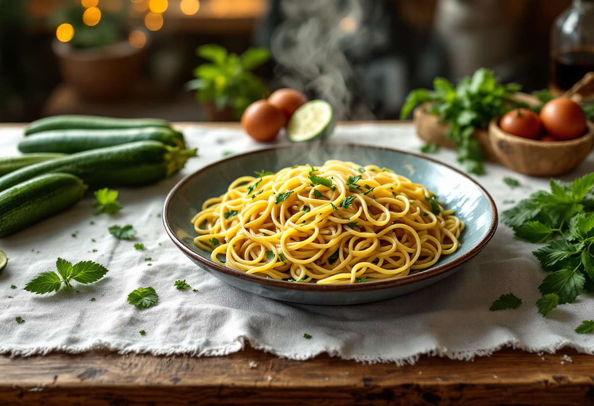 Pasta con zucchine fresca e ingredienti casalinghi