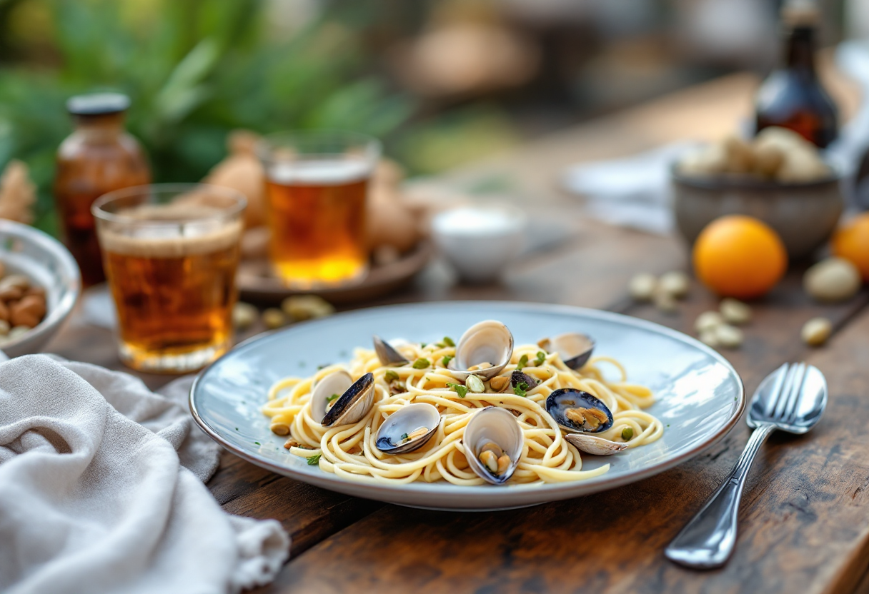 Pasta con arselle e vongole servita in un piatto elegante