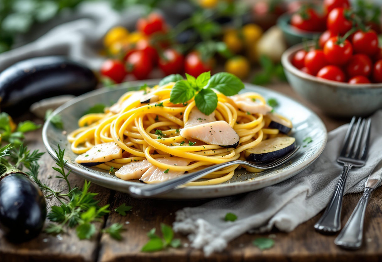 Pasta con melanzane e pesce spada in un piatto