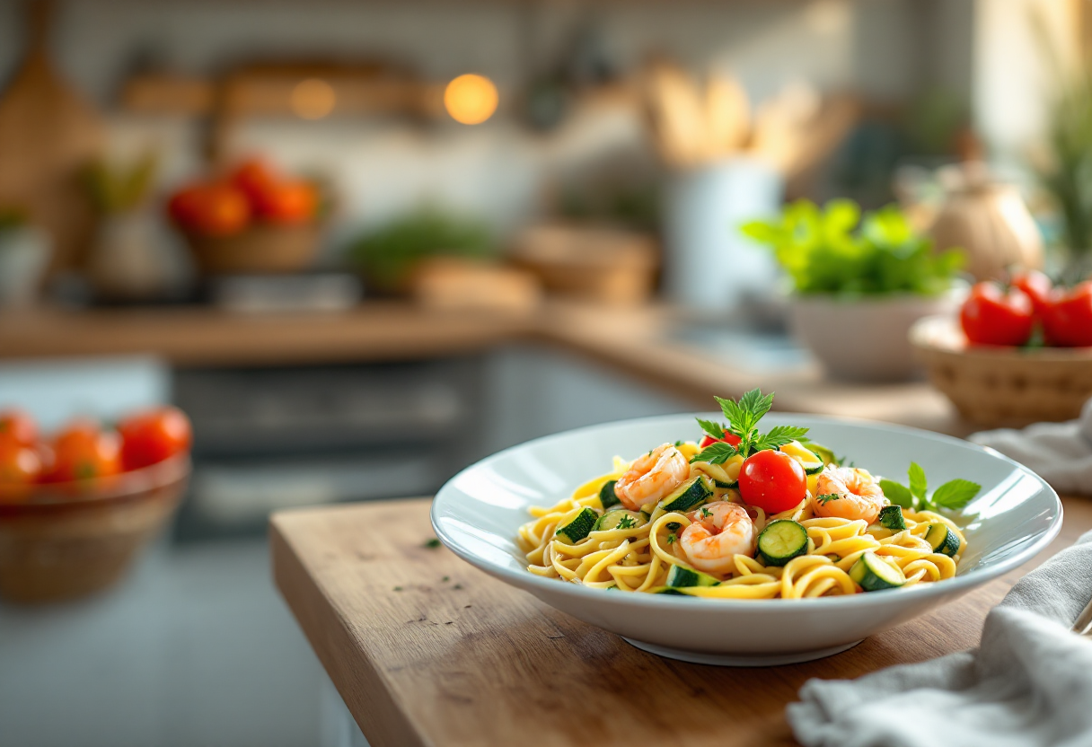 Pasta con zucchine e gamberetti in un piatto elegante