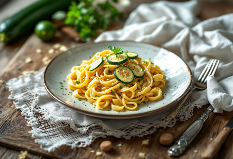 Pasta estiva con fiori di zucca e zucchine fresche