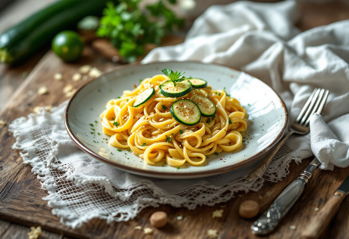 Pasta estiva con fiori di zucca e zucchine fresche