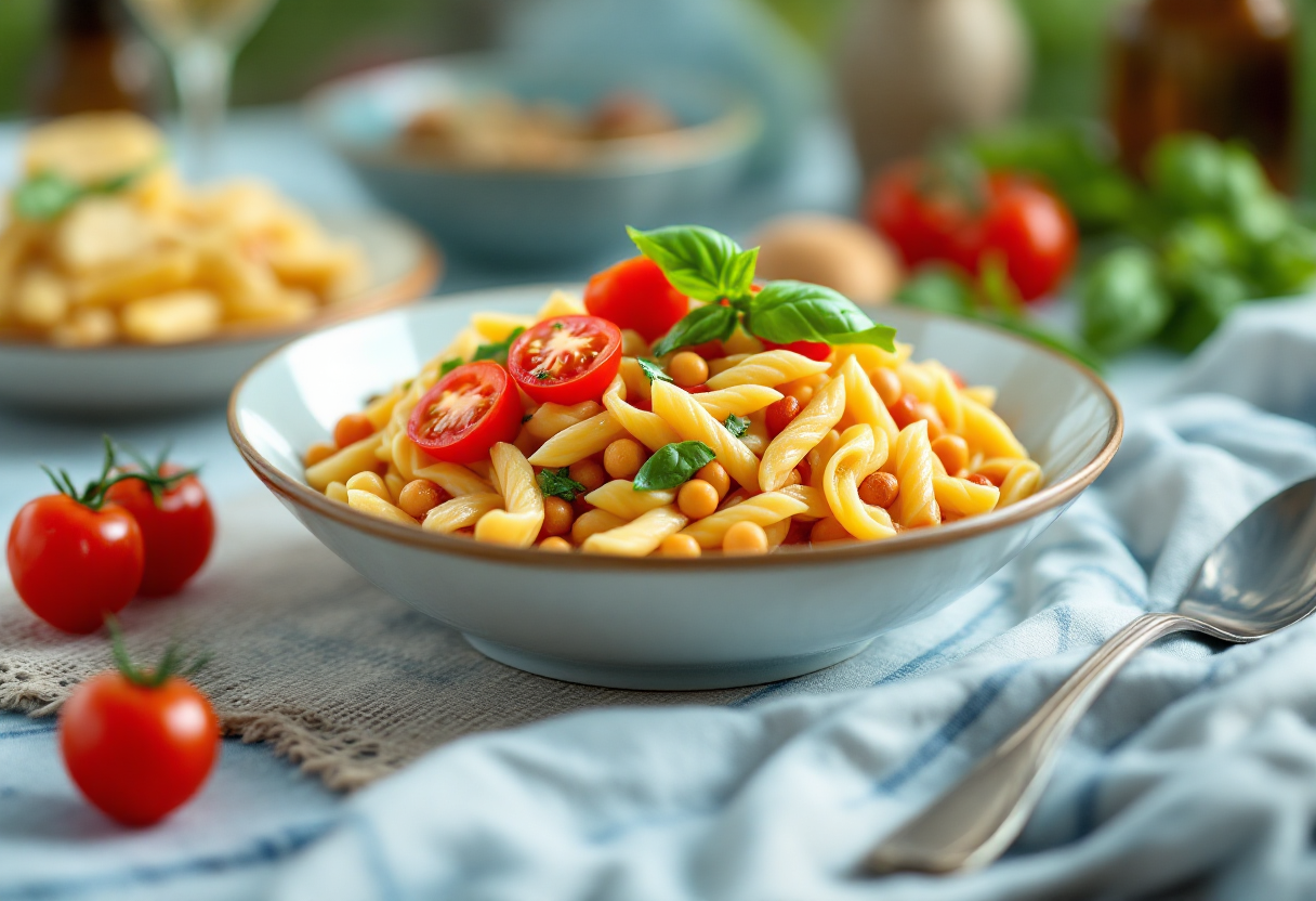 Pasta fredda con ceci e verdure fresche in un piatto