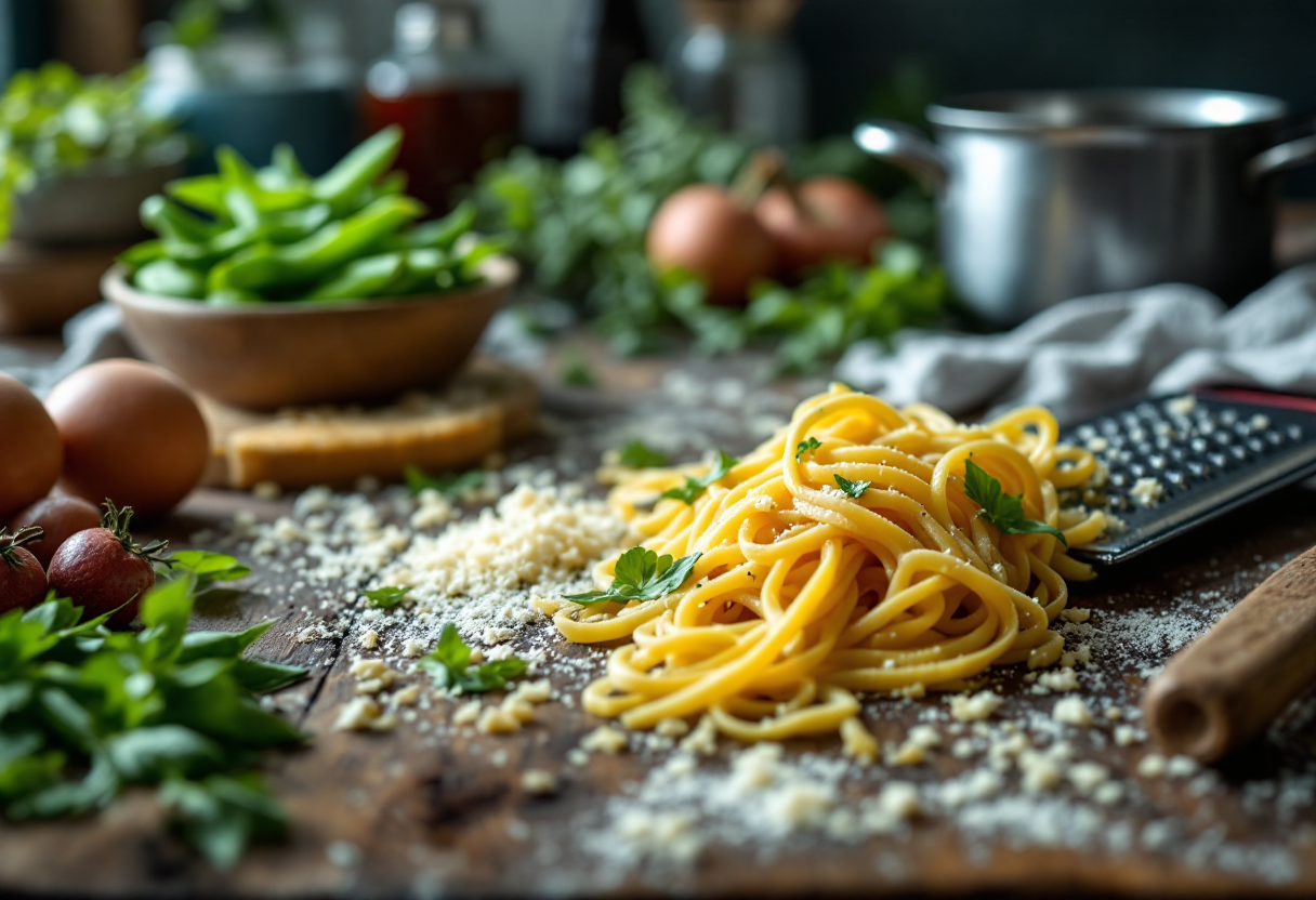 Pasta mista con fave fresche e bottarga di muggine