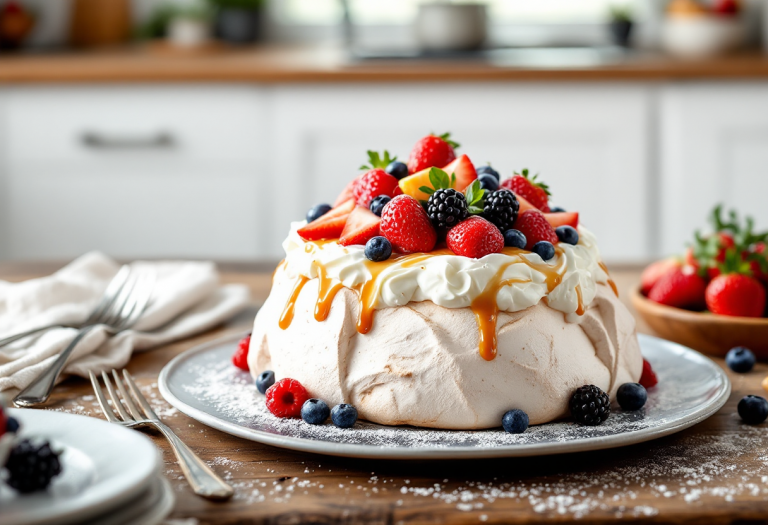 Pavlova decorata con frutta fresca e panna montata