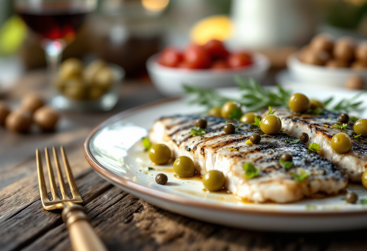 Piatto di pesce spada con capperi e olive