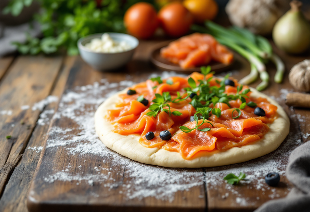 Pizza gourmet con salmone affumicato e cipollotto fresco