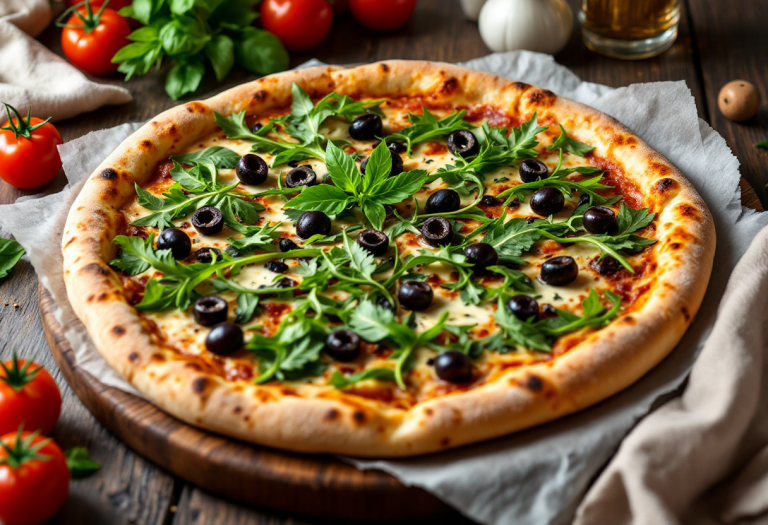 Pizza verde con olive e rucola fresca e saporita