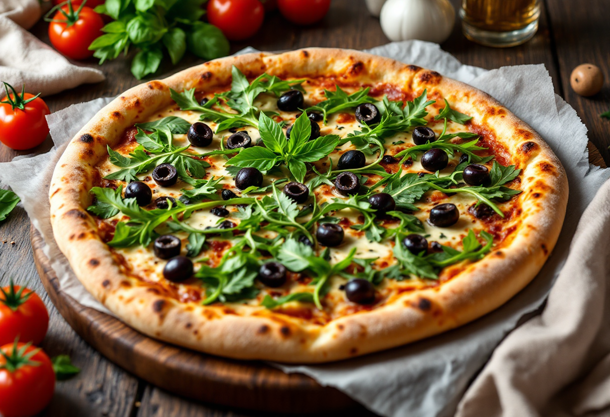 Pizza verde con olive e rucola fresca e saporita