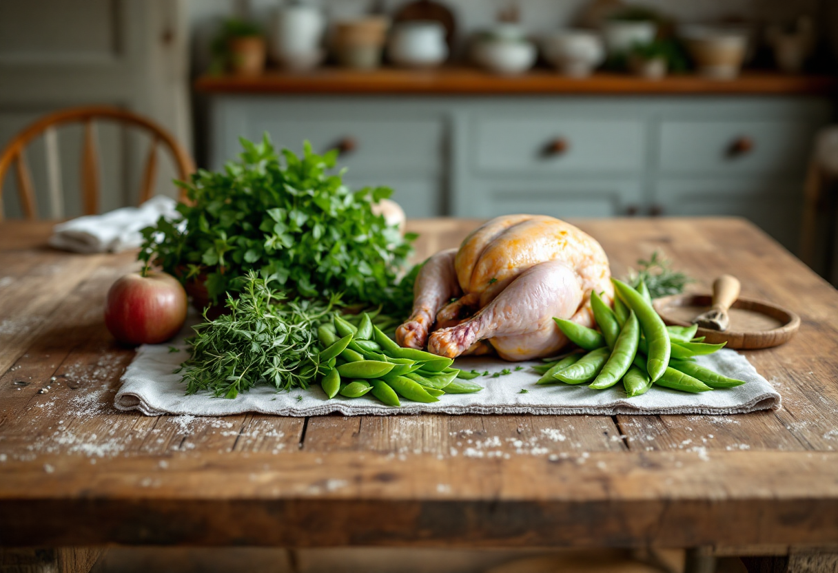 Pollo alle erbe servito con taccole fresche
