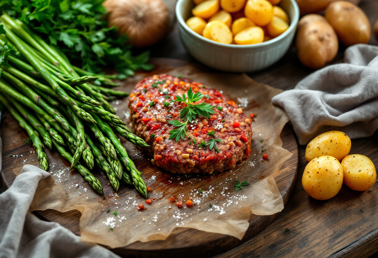 Polpettone primaverile con asparagi e patate croccanti