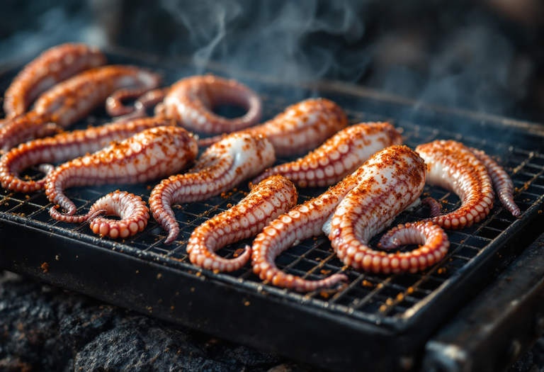 Polpo grigliato su barbecue con contorni freschi
