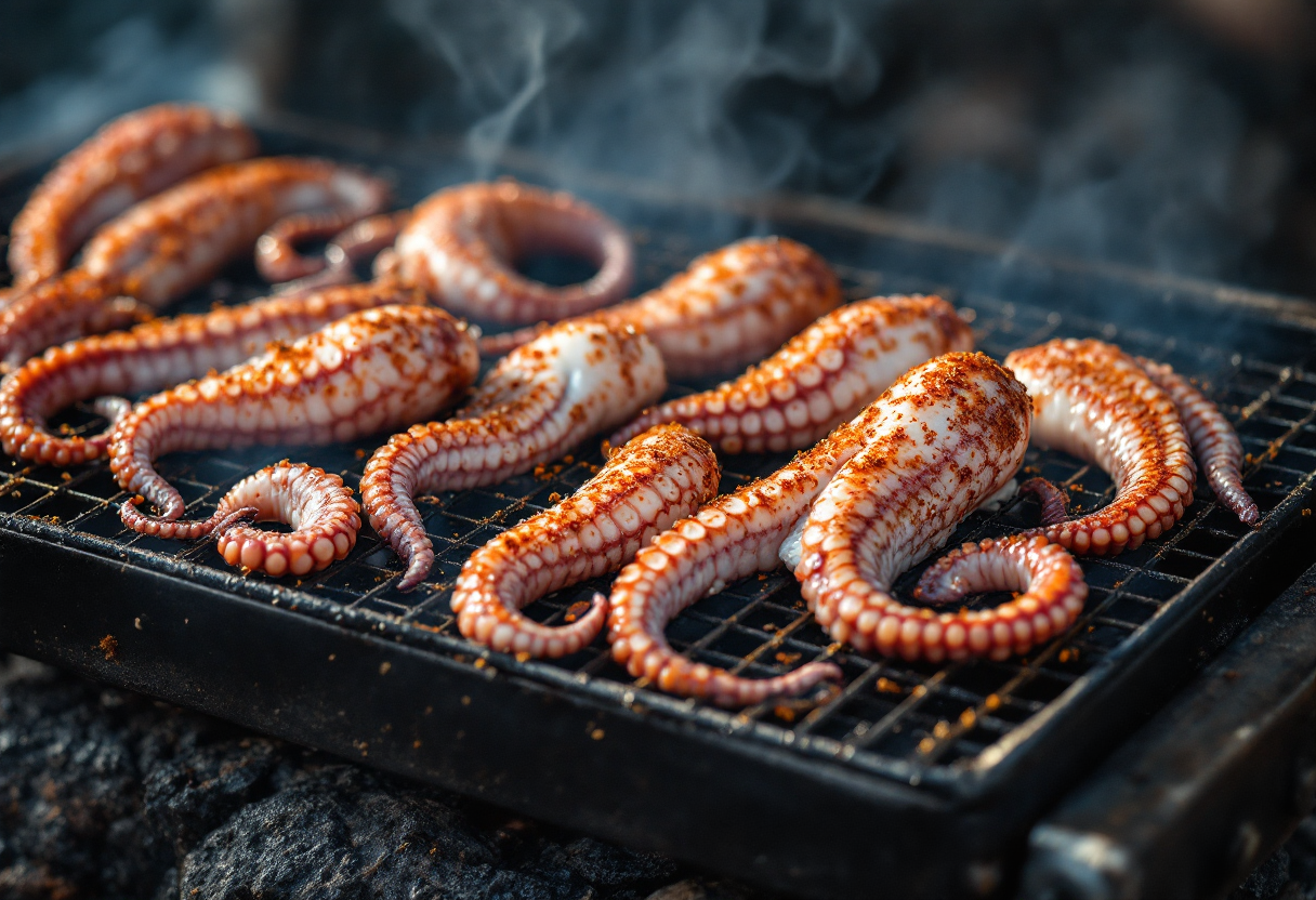 Polpo grigliato su barbecue con contorni freschi