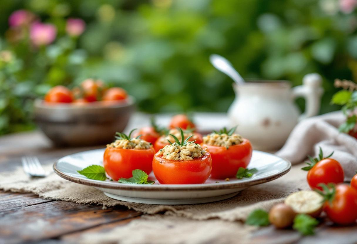 Pomodori ripieni freschi e colorati con ingredienti salutari
