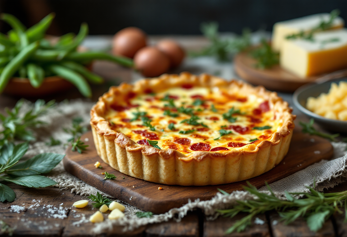 Quiche di fave fresca e colorata servita su un piatto