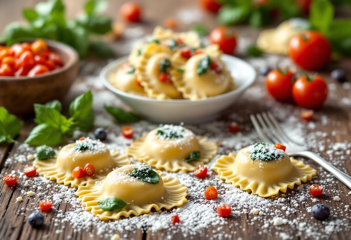 Ravioli bicolori con ripieno gourmet su un piatto elegante