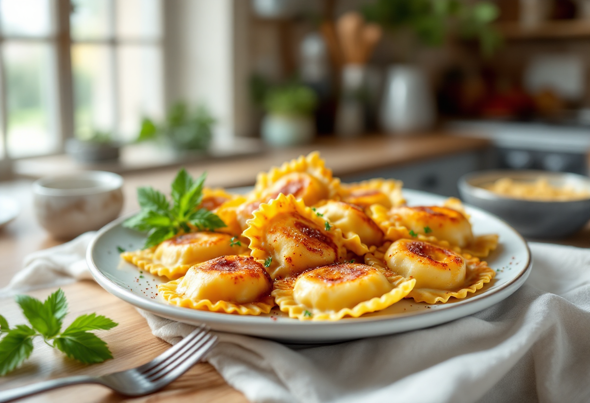 Ravioli al forno croccanti serviti con salsa di pomodoro