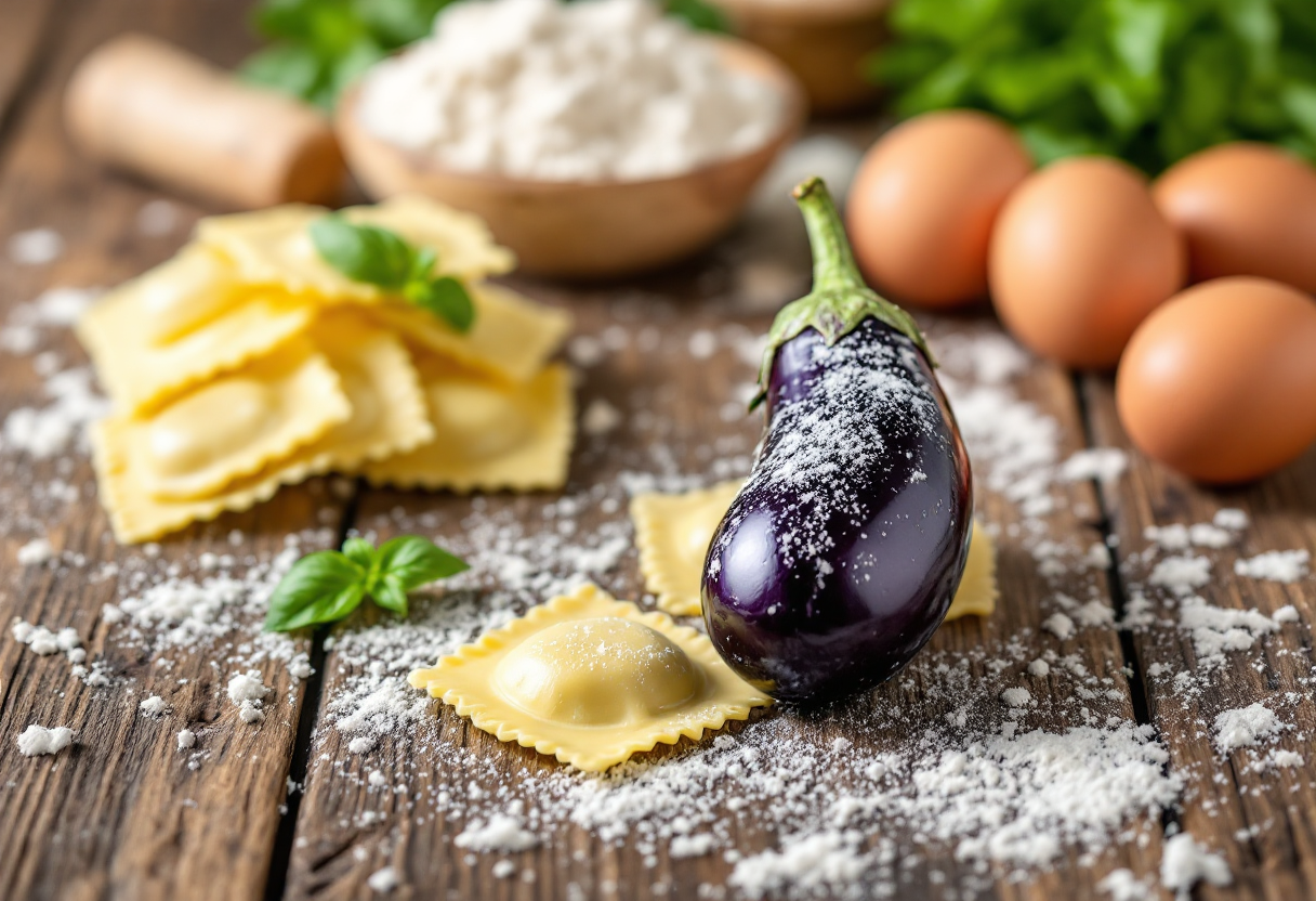 Ravioli di melanzane serviti con salsa fresca