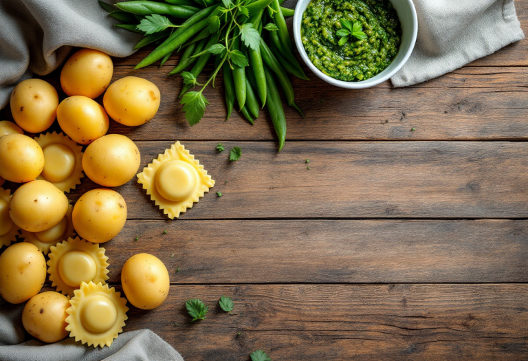 Ravioli di patate serviti con pesto e fagiolini freschi