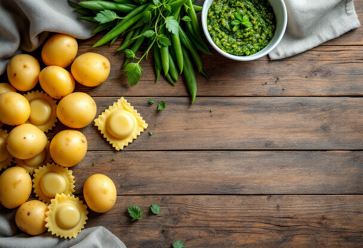 Ravioli di patate serviti con pesto e fagiolini freschi