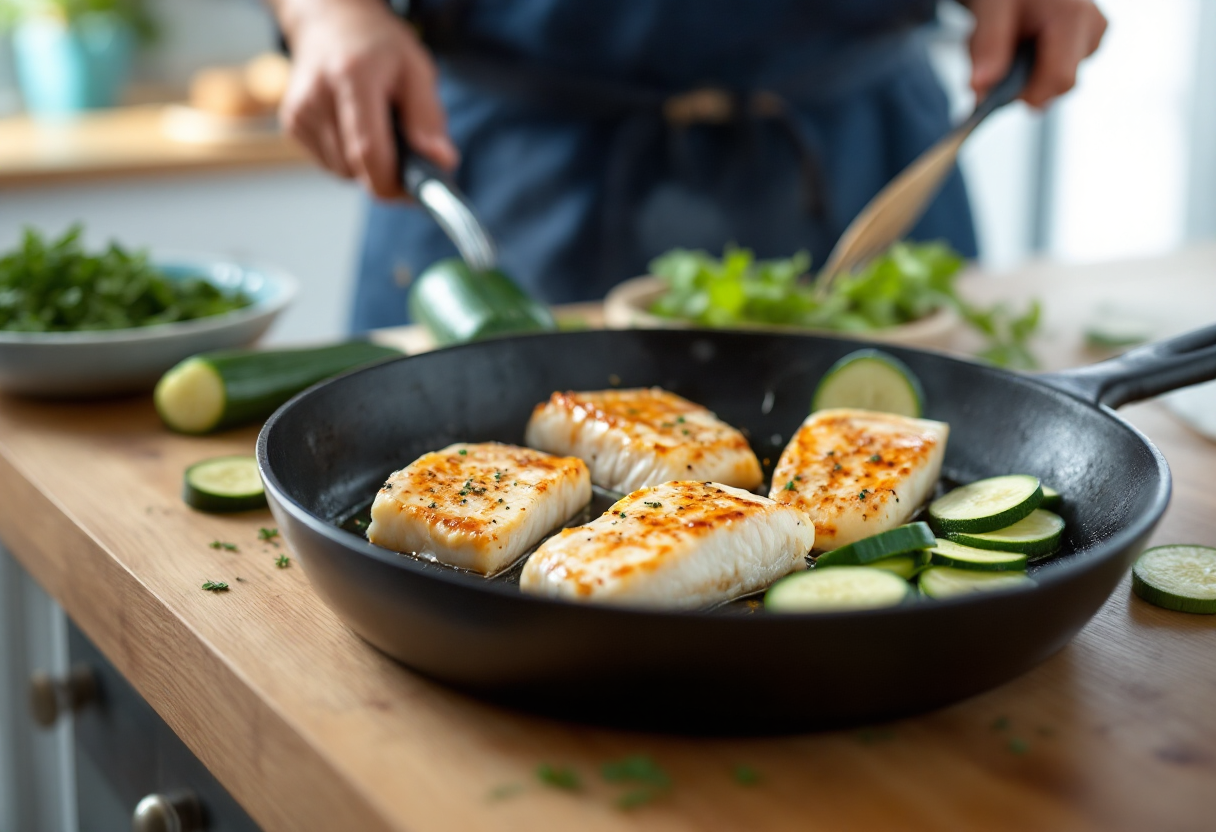 Ricciola cucinata con zucchine in padella estiva